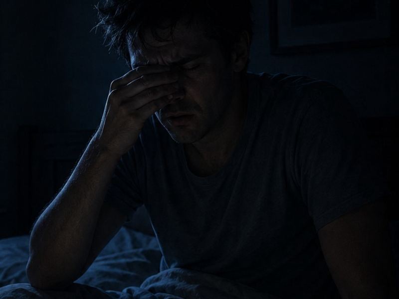 A man sitting up in bed in the dark