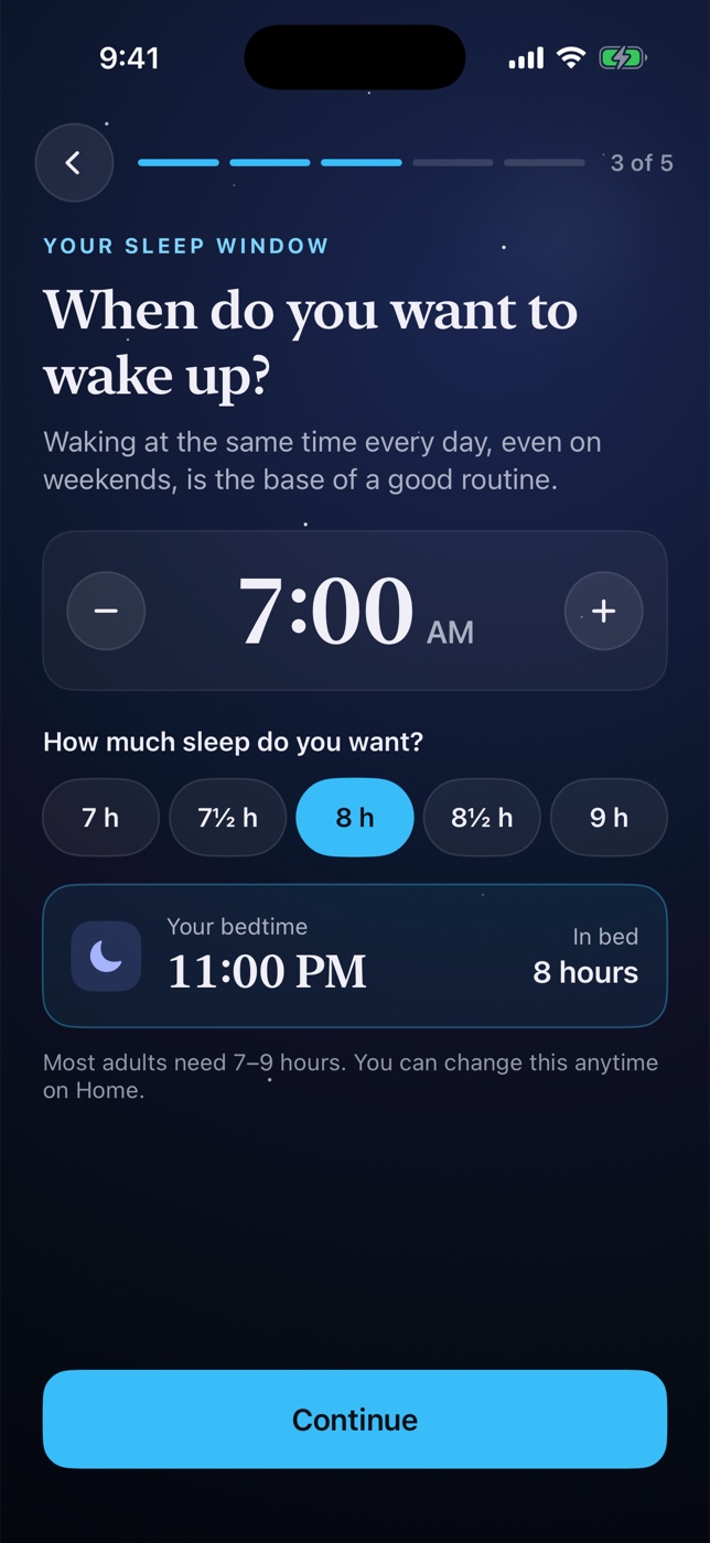 Valo Sleep screen: When do you want to wake up? 7:00 AM with 8 hours of sleep gives a bedtime of 11:00 PM.