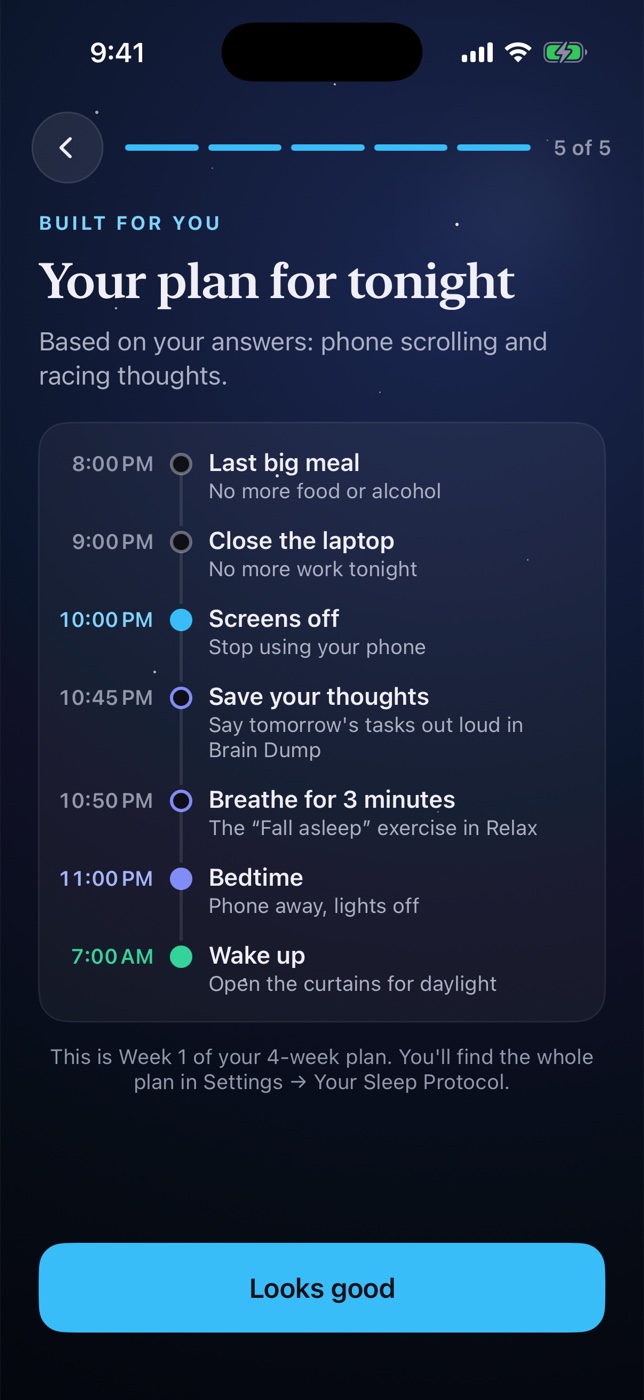 Valo Sleep screen: Your plan for tonight, a timeline from 8:00 PM to 7:00 AM with screens off, saving thoughts, breathing and bedtime.